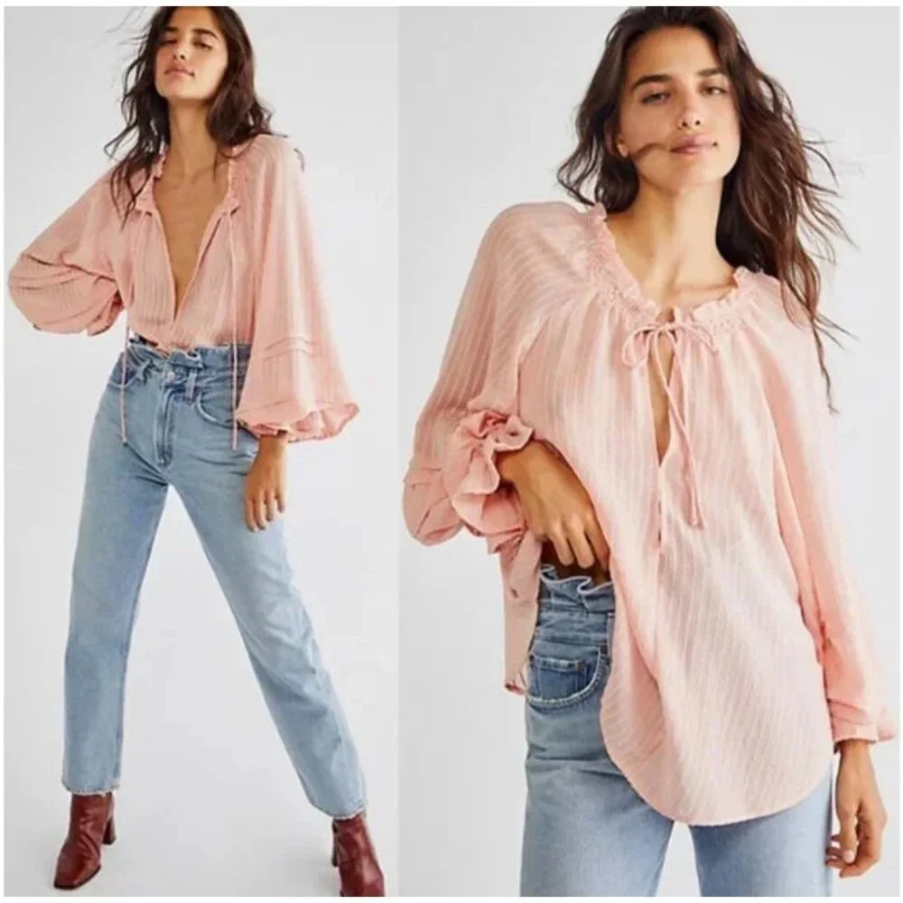 Free People Out Of Town Boho Peasant Swing Top Women L Pink Peasant Prairie - Picture 1 of 11